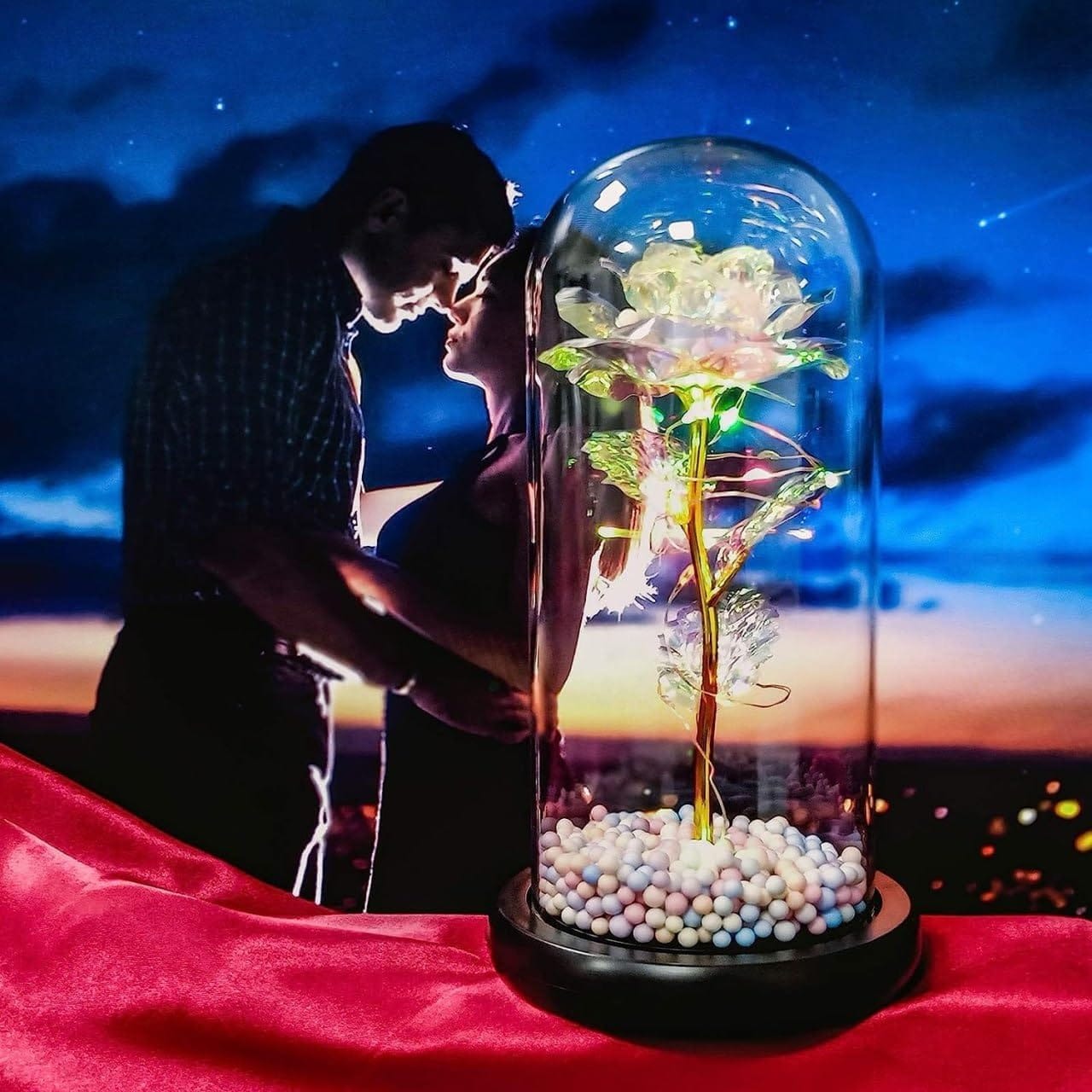 Artificial Colorful Flower Rose Gift Led Light On Galaxy Rose in Glass Dome Best Gifts