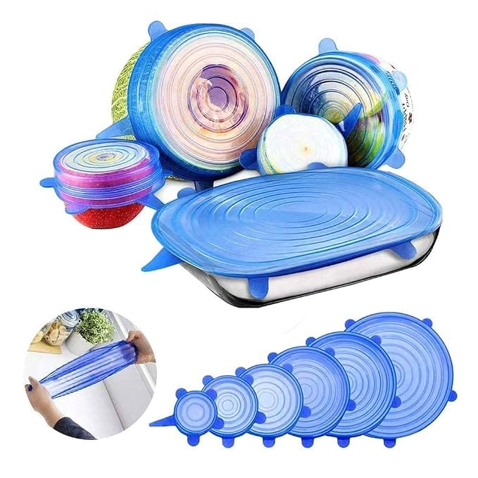Microwave Safe Silicone Stretch Lids Reusable Flexible Covers for Round, Square Bowls, Dishes, Plates, Jars and Mugs Food and Bowl Cover (Pack of 6)