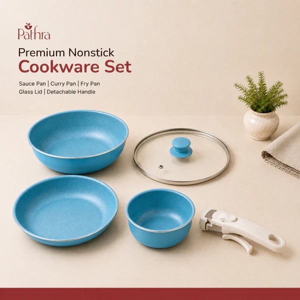 Pathra Premium Non-Stick Cookware Set with Detachable Handle & Glass Lid