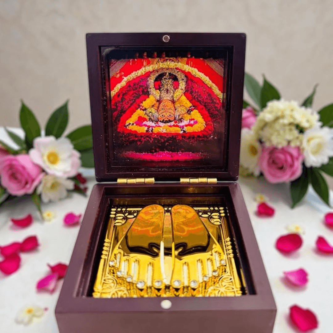 BharatYug Divine Khatushyam Ji Charan Paduka – Sacred Golden Charan in Premium Wooden Box