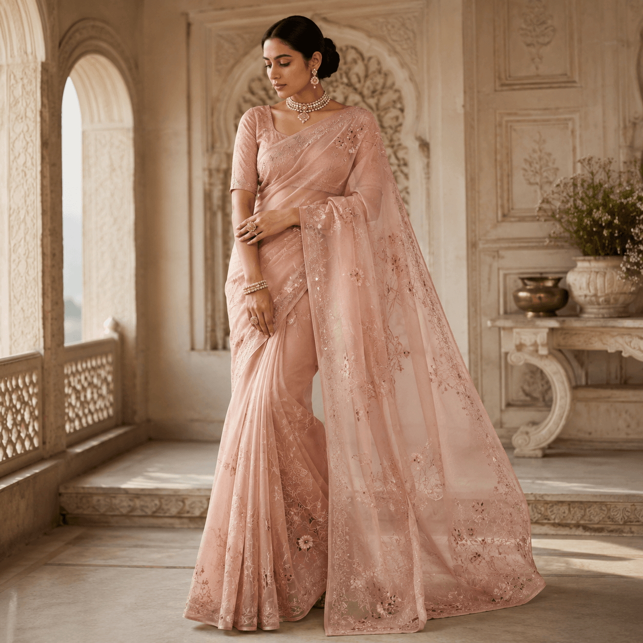 Blush Rose Embroidered Organza Saree