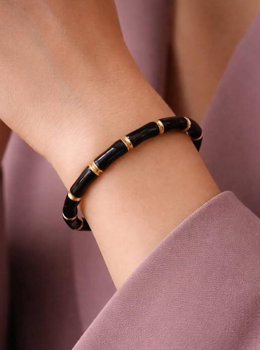 Black Enamel Bamboo Bangle with Gold Accents