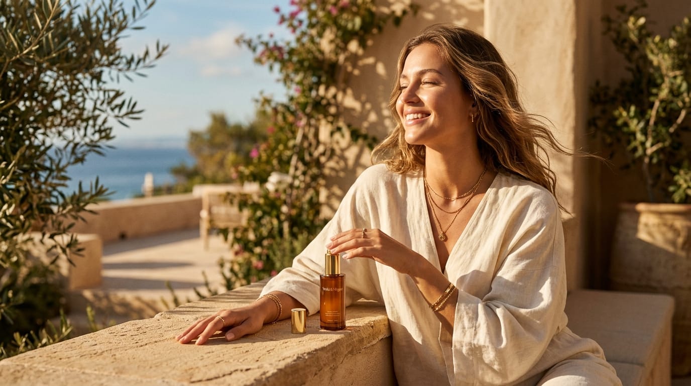 A sophisticated woman with glowing skin and gold accents, basking in warm sunlight, representing the fusion of tradition and modern luxury.