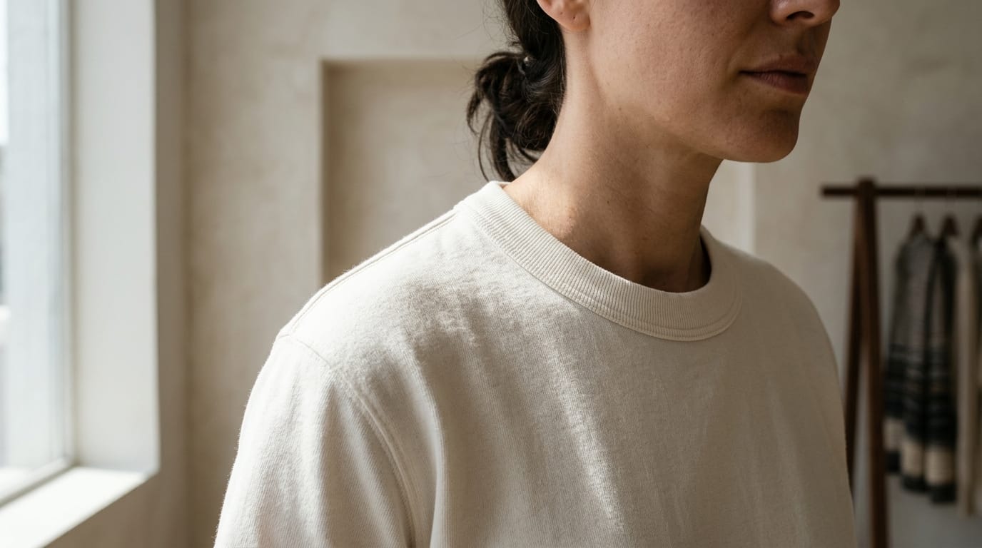 Close-up editorial shot of a Midnight Black Heavyweight Cotton Tee showcasing the structured neckline and premium jersey texture.
