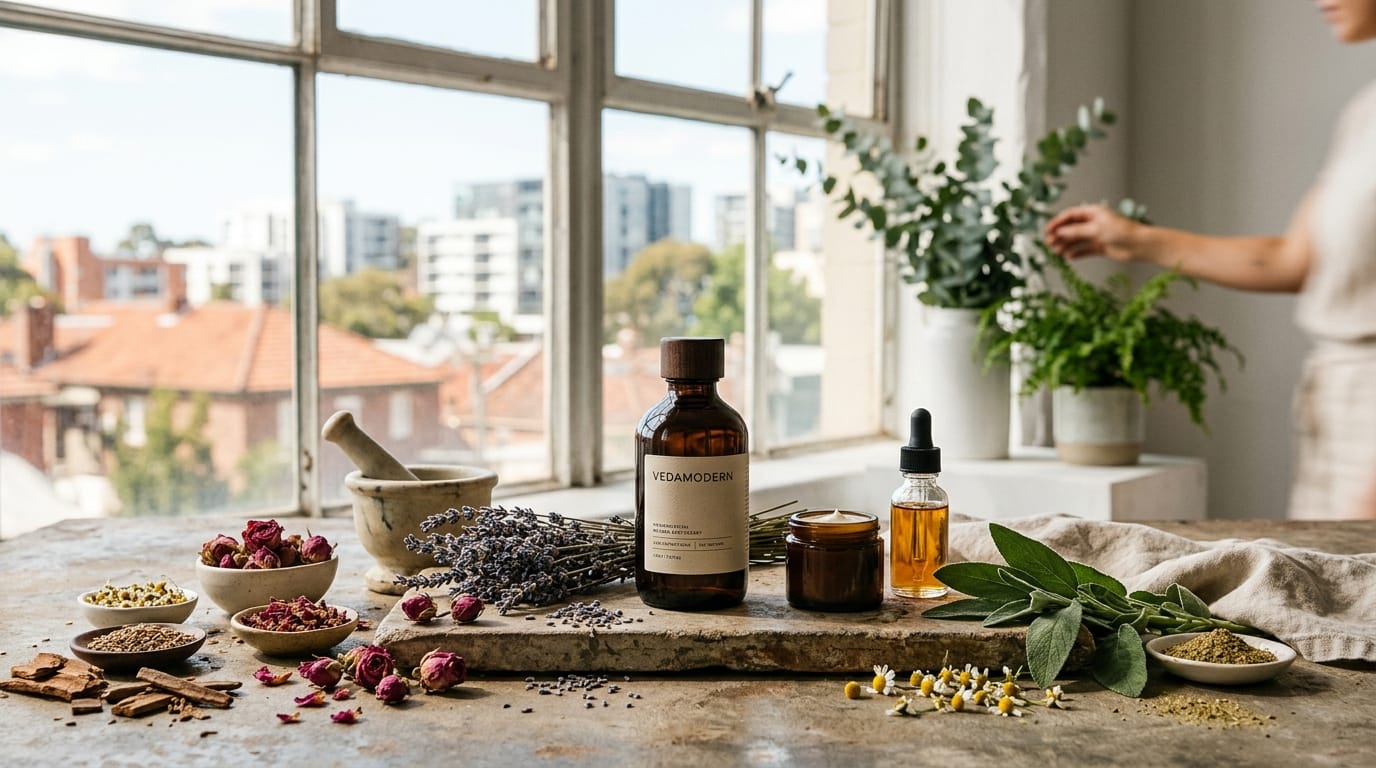 Close-up of raw botanical herbs and Kumkumadi Tailum in a sleek glass dropper bottle against a minimalist urban backdrop.