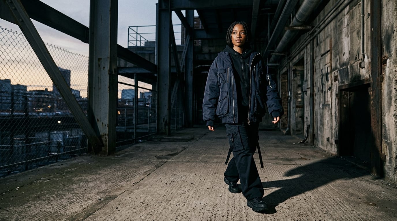 High-contrast editorial shot of an oversized AAYAT tee against a brutalist concrete backdrop with sharp architectural shadows.