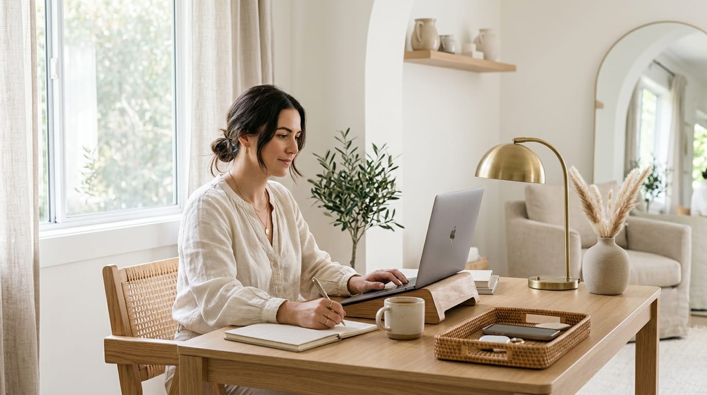 A minimalist workspace featuring a tulip-shaped ceramic mug and a pastel vegan leather desk mat under soft, natural morning light.