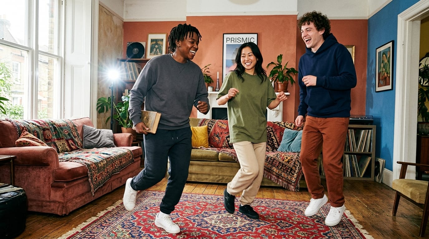 High-flash editorial photo of diverse models in vibrant, patterned gender-neutral loungewear moving freely against a bold pink backdrop.