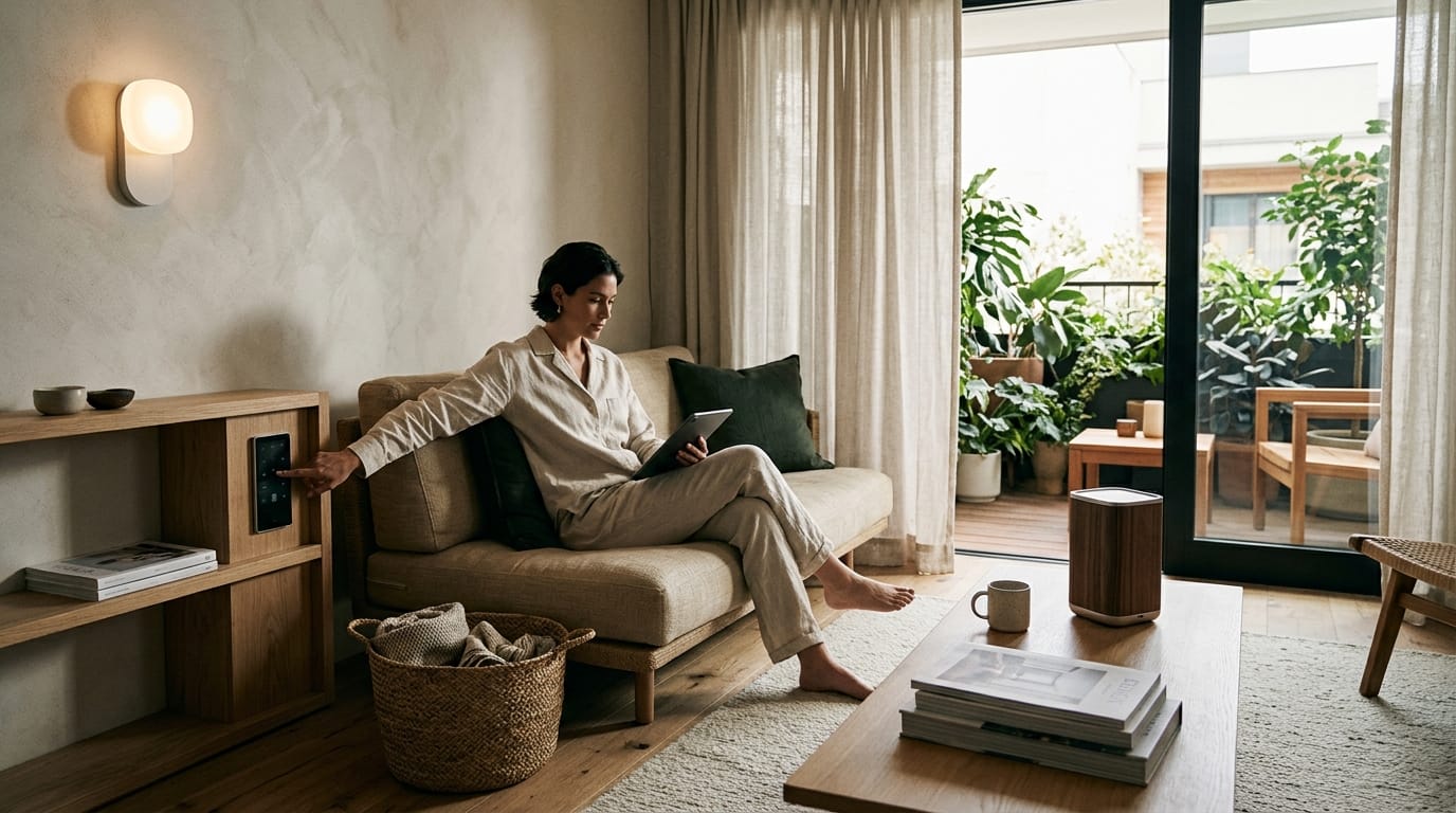 A minimalist Indian living room featuring a Vanya & Volt self-stirring mug on a wooden table with soft linen textures and warm sunlight.