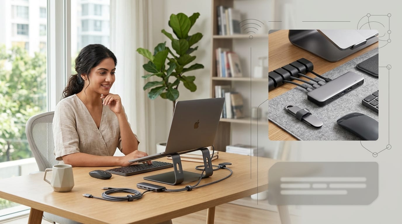 A minimalist home office setup in Bangalore featuring NexSolve cable organizers and a vertical laptop stand on a clean oak desk.