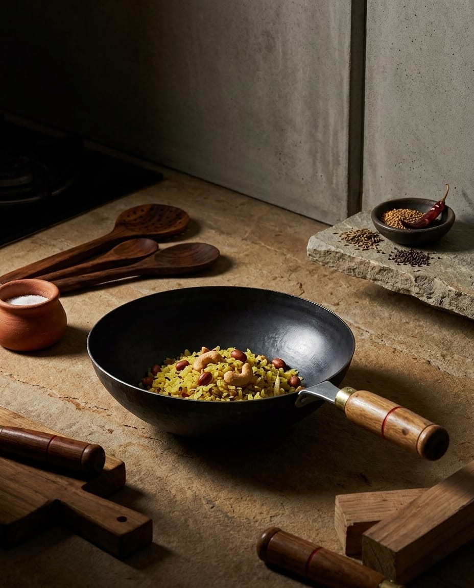 The VEDICVĀS Skillet: A Symphony of Rosewood and Raw Iron