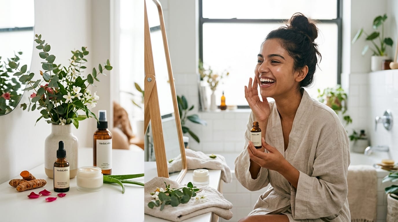 VedaLabs hair care range displayed on a minimalist lab bench with fresh rosemary and sliced aloe vera under bright natural light.
