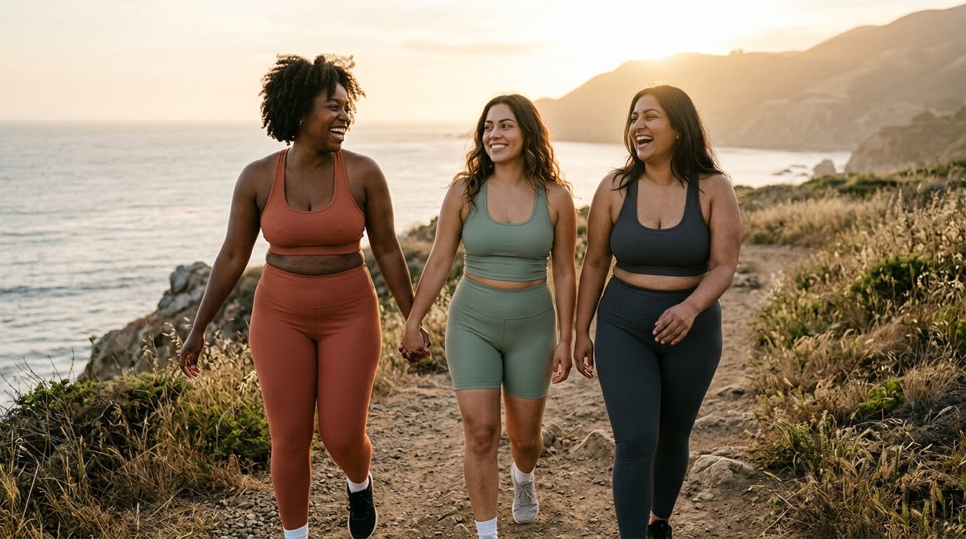 A diverse group of women in unretouched, golden hour lighting wearing Aura Skin seamless innerwear against a minimalist backdrop.