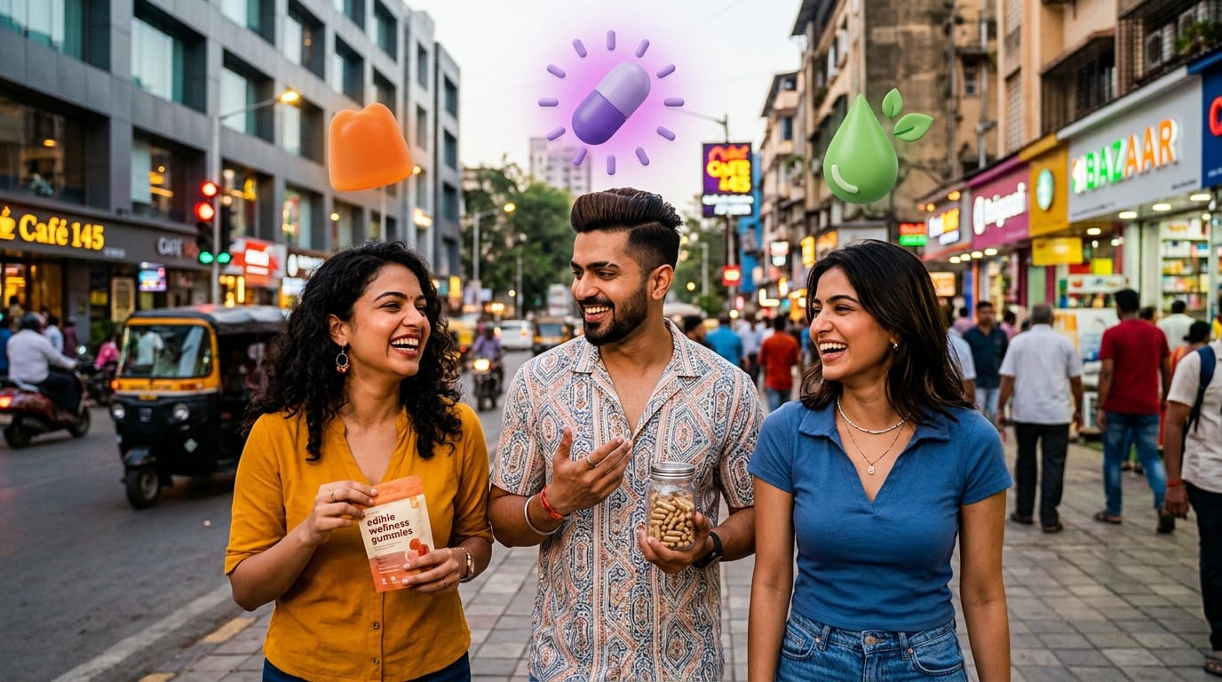 A high-saturation flash photo of a smiling Indian woman in an urban setting holding a vibrant orange effervescent drink.