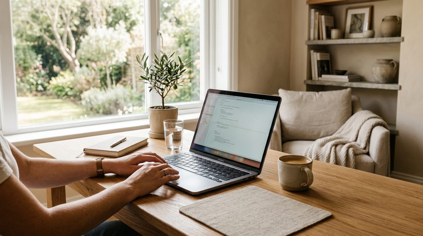 A cinematic POV shot of a minimalist oak desk featuring a wide felt mat, a ceramic planter, and a soft sunset glow in a warm-toned room.