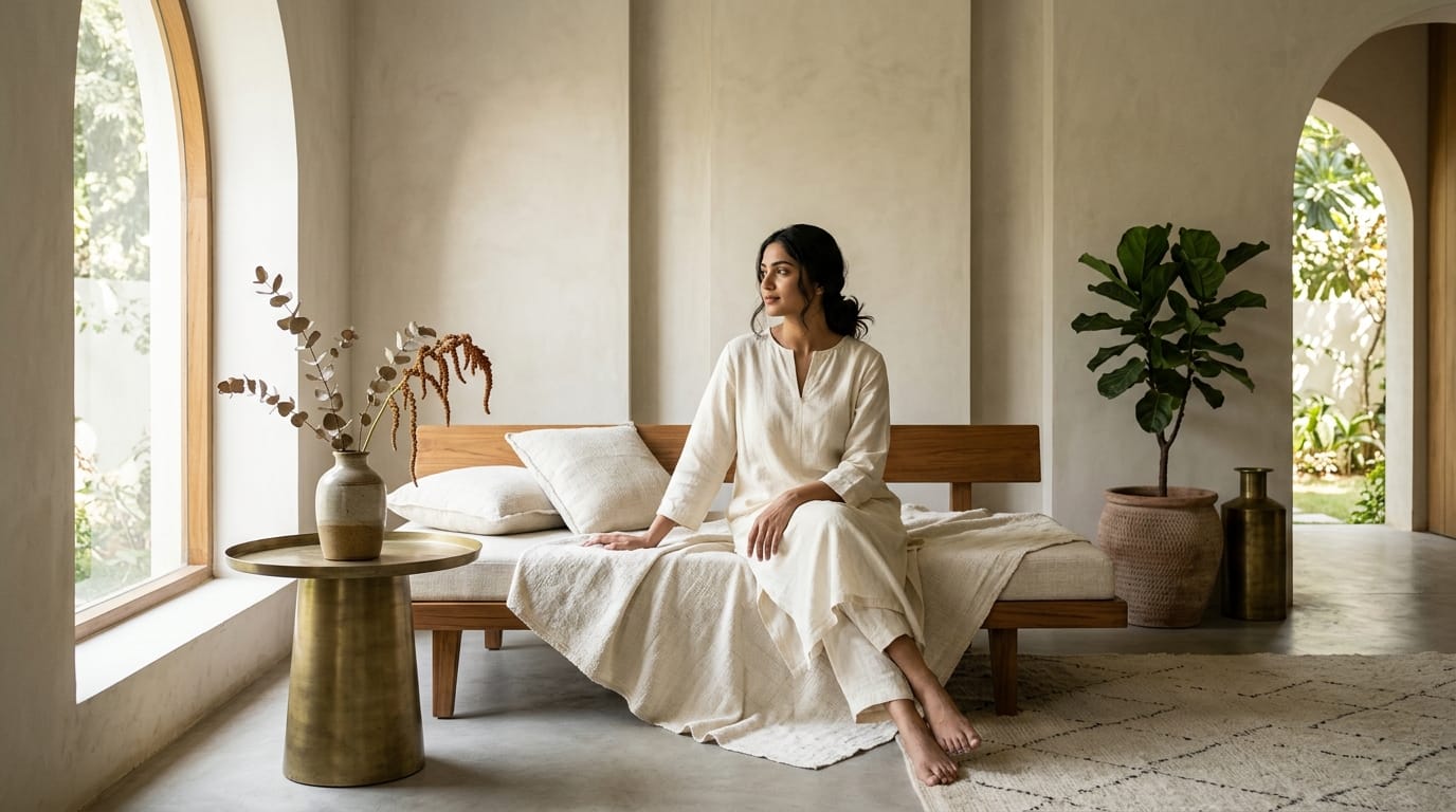 High-contrast editorial shot of a minimal brass incense burner and textured cotton cushions on a teak bench in soft natural light.