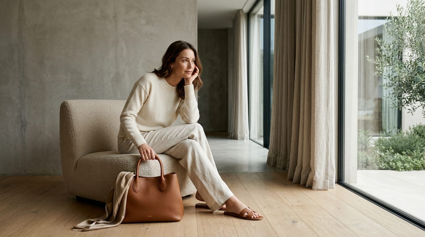 A high-contrast editorial shot of a model in a structured wool-blend blazer against a minimalist architectural backdrop.