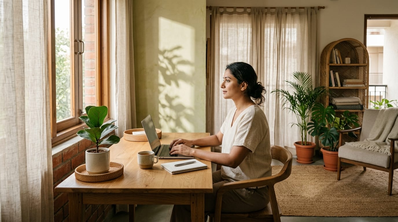 A minimalist home office desk featuring a hand-pressed terracotta bottle and bamboo tray bathed in soft, natural sunlight.