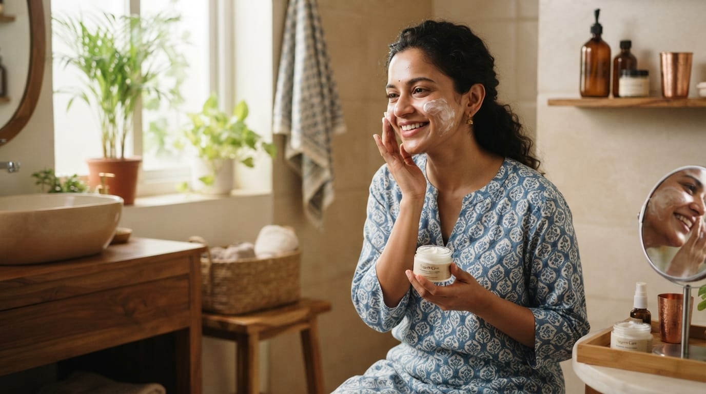A person smiling in bright natural light while applying a refreshing face wash in a real Indian bathroom setting.