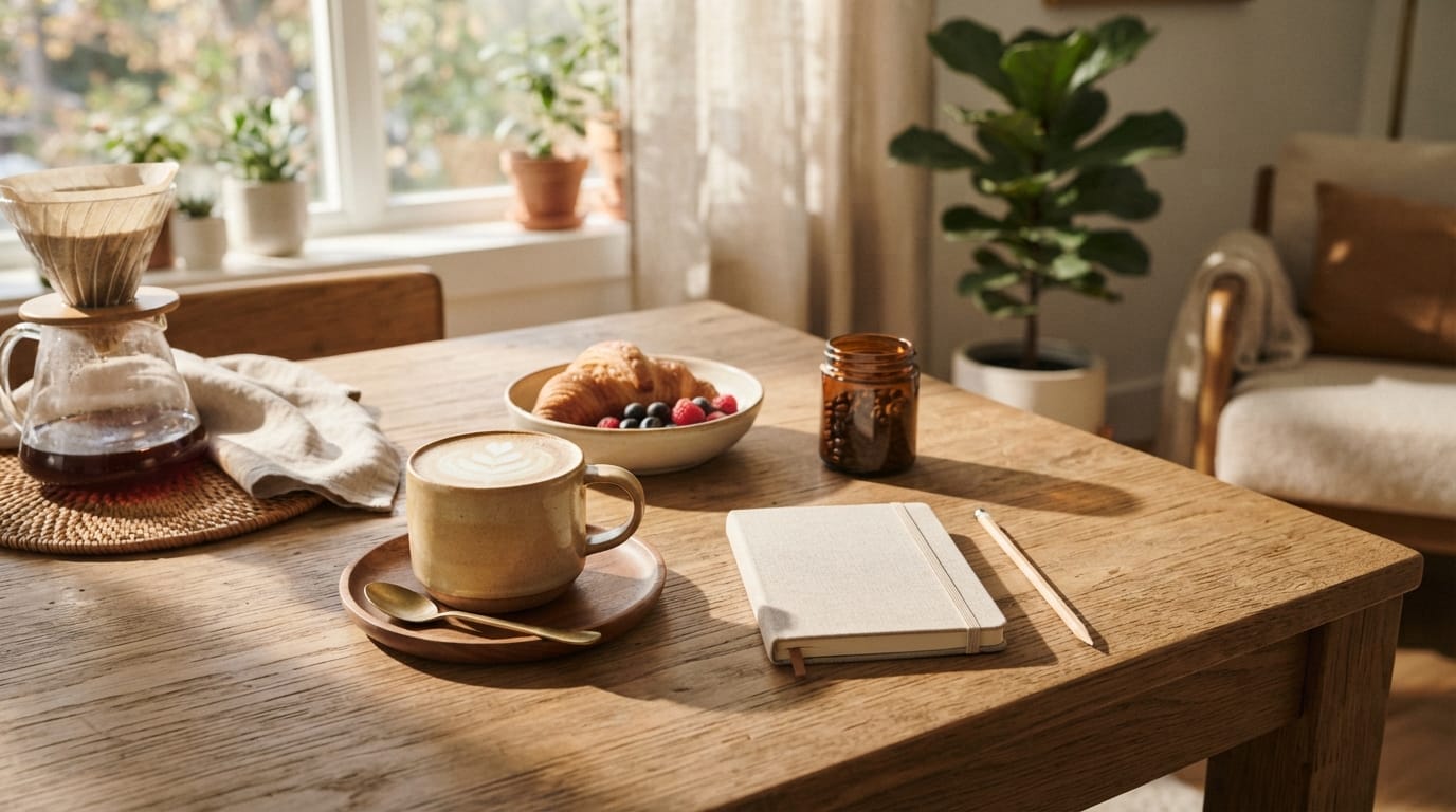 A top-down shot of a ribbed glass mug with frothed coffee on a cloud coaster, bathed in soft morning sunlight and high-contrast shadows.