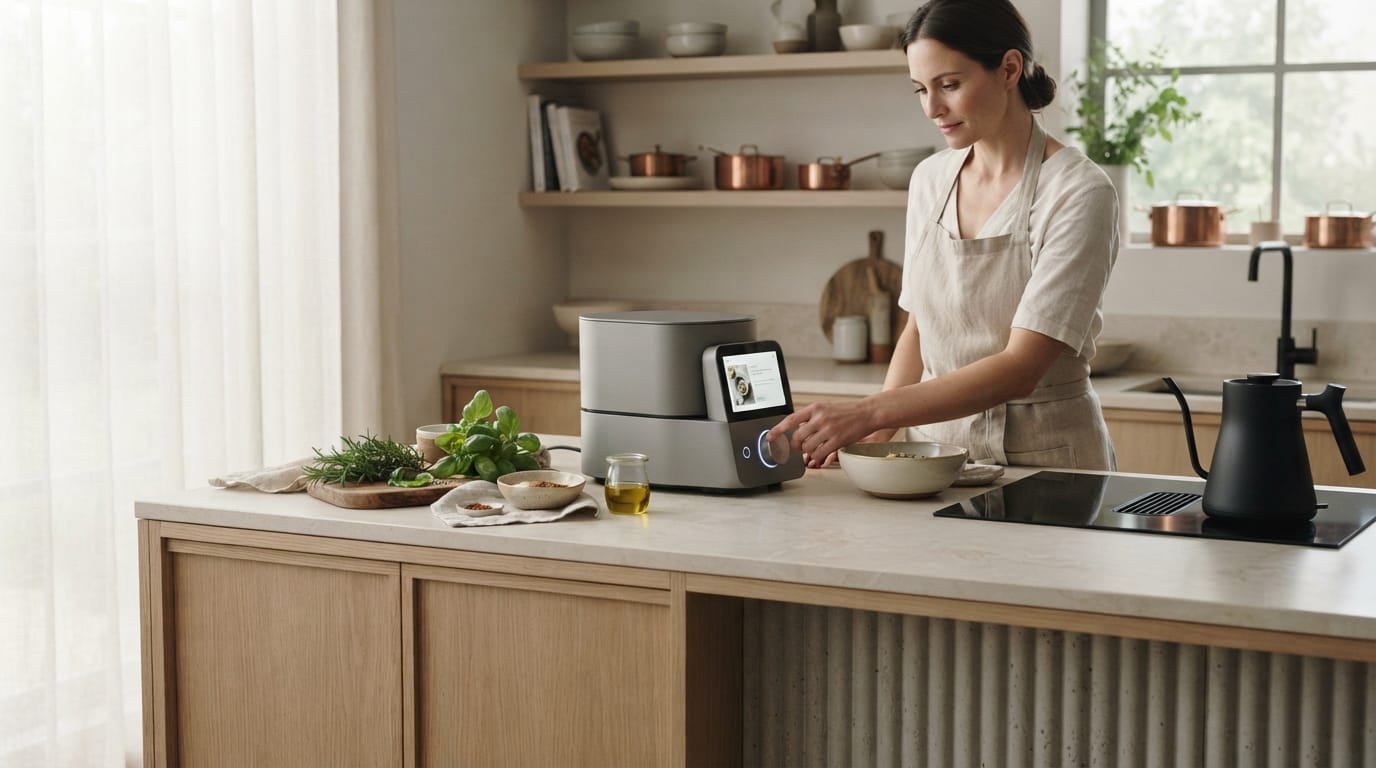 Minimalist kitchen counter featuring a sleek Antar rechargeable blender and organized spice rack in soft, natural morning light.