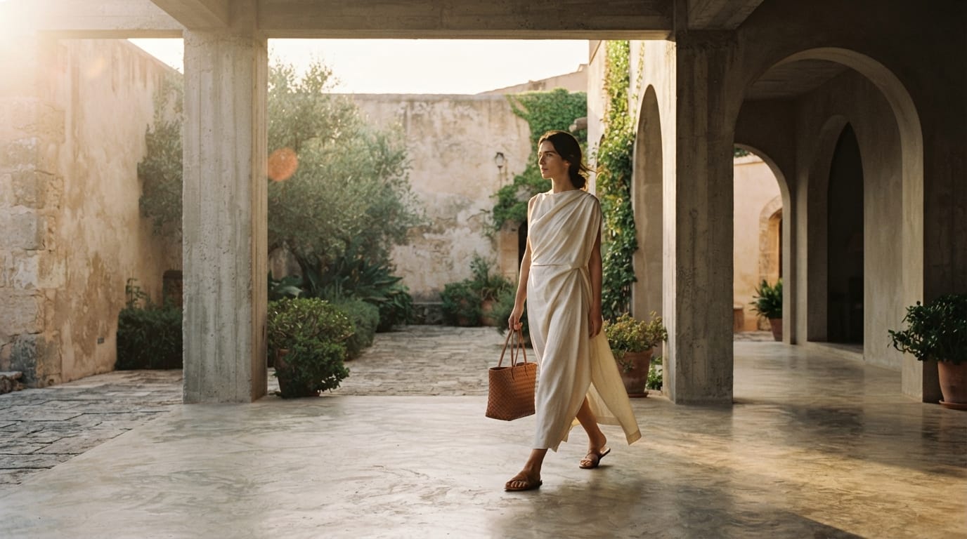 A person in a champagne satin slip dress standing against a colonial archway during golden hour, highlighting the drape of the fabric.