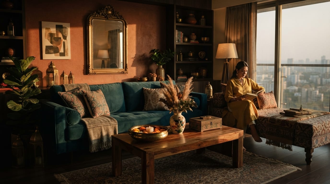 A sophisticated living room featuring a gold-finished wall sconce and crystal LED lamp casting warm shadows in a chiaroscuro style.