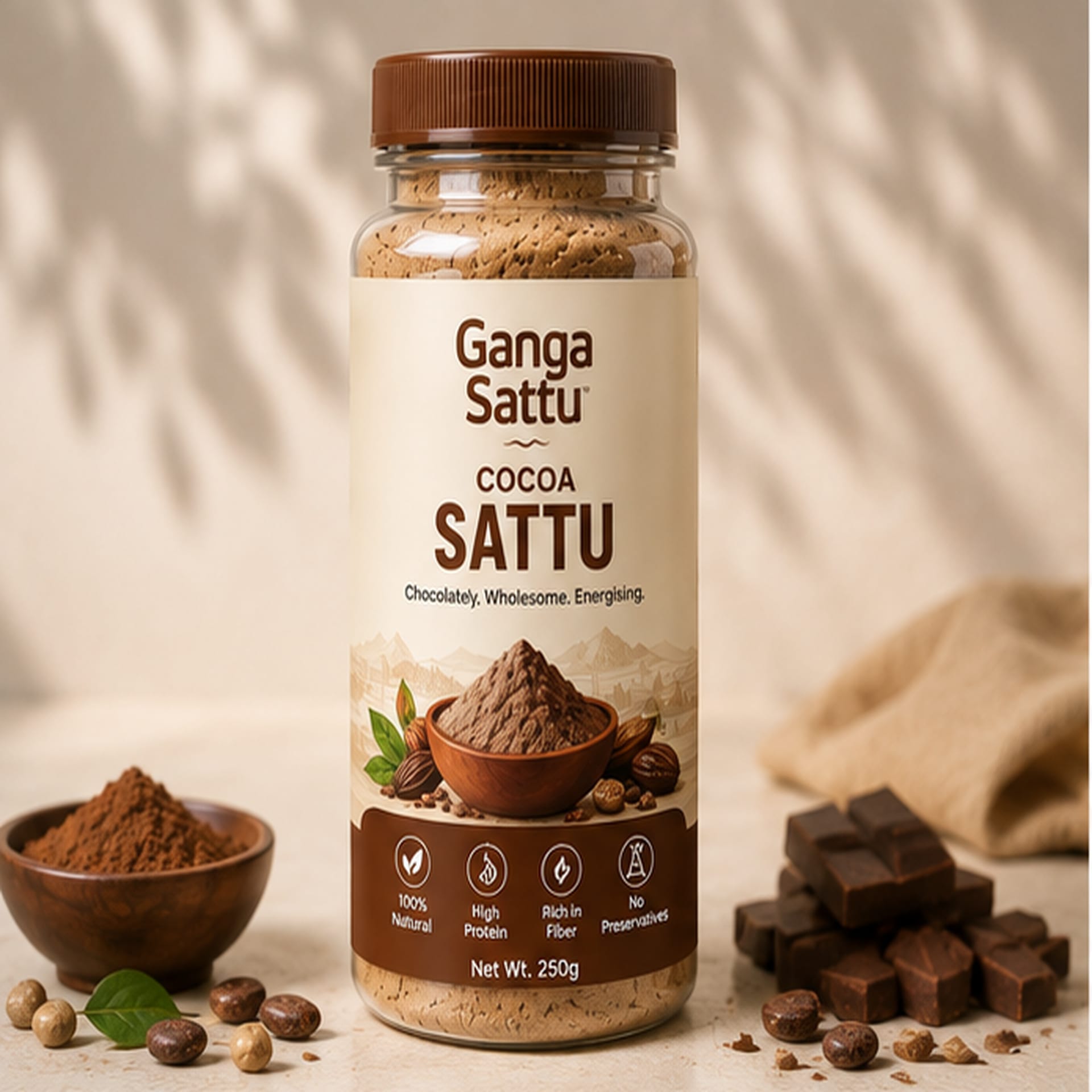 Ganga Sattu™ Cocoa Sattu | Chocolate Flavoured Roasted Chana Superfood | Plant Protein & Fibre | 250g