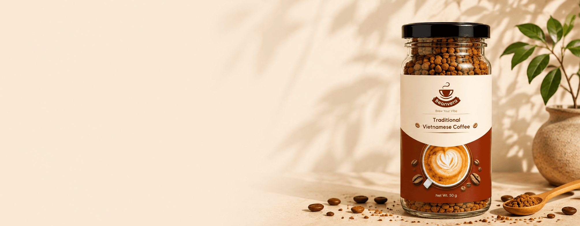 Close-up of a VELD & CO. coffee jar on a minimalist desk with sharp shadows and clinical warm lighting.