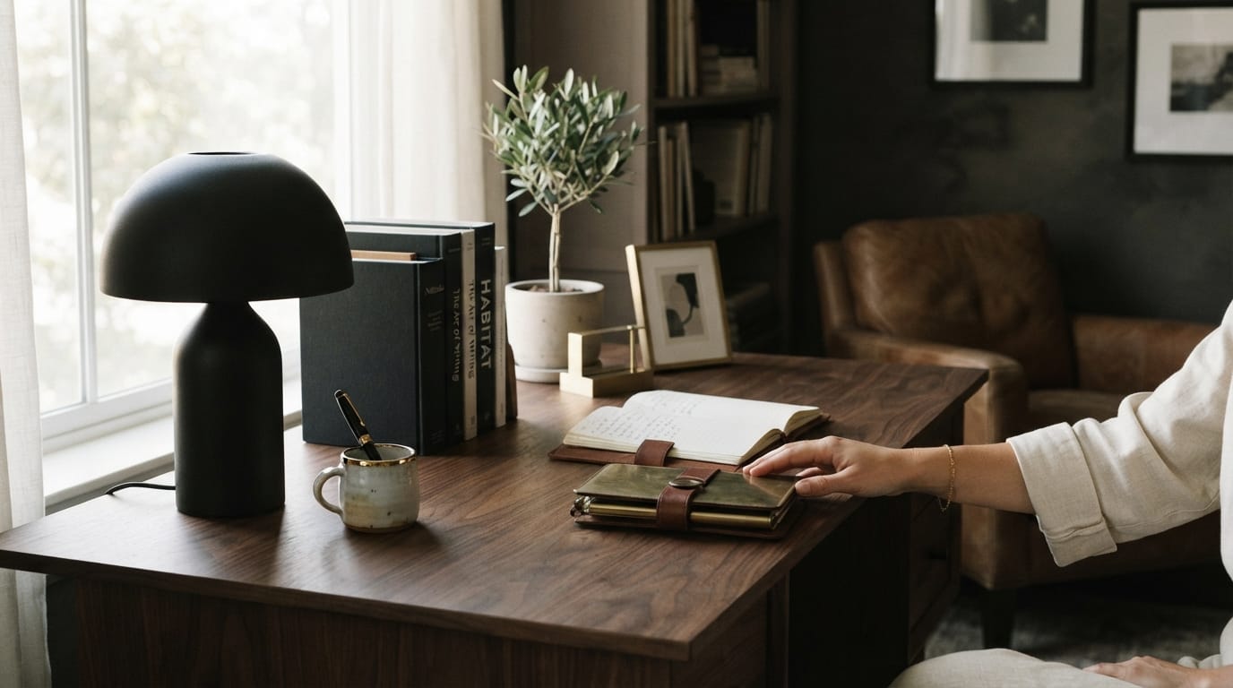 A minimalist vegan leather desk mat paired with a nordic ceramic mug in soft, moody natural lighting.