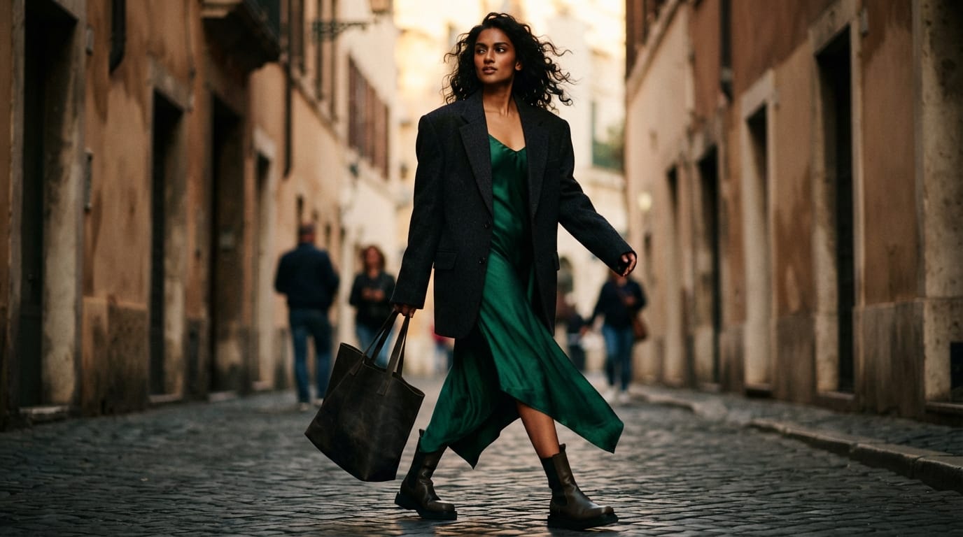 Cinematic shot of a contemporary gold-plated blazer catching the light against a deep, vibrant backdrop.