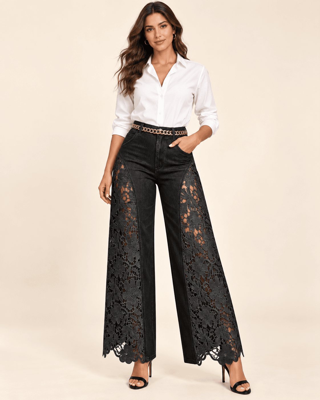 Black High-Waist Lace-Panel Wide-Leg Jeans