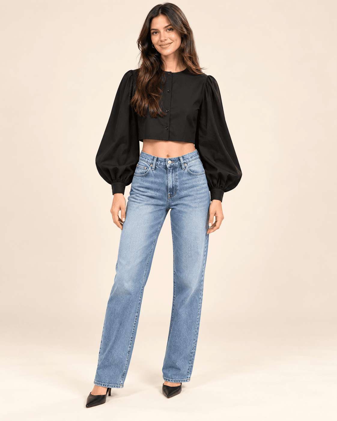 Black Button-Front Balloon-Sleeve Crop Top