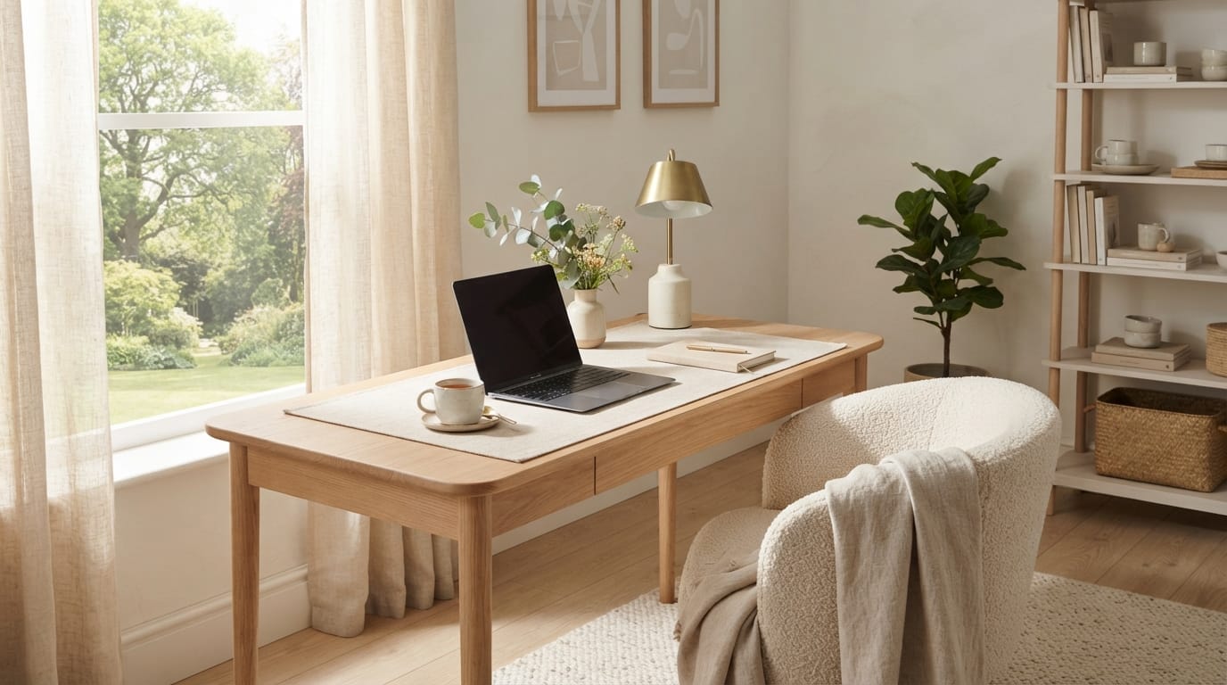 A minimalist desk setup featuring a pastel laptop stand, a ceramic planter, and soft natural sunlight casting warm shadows.