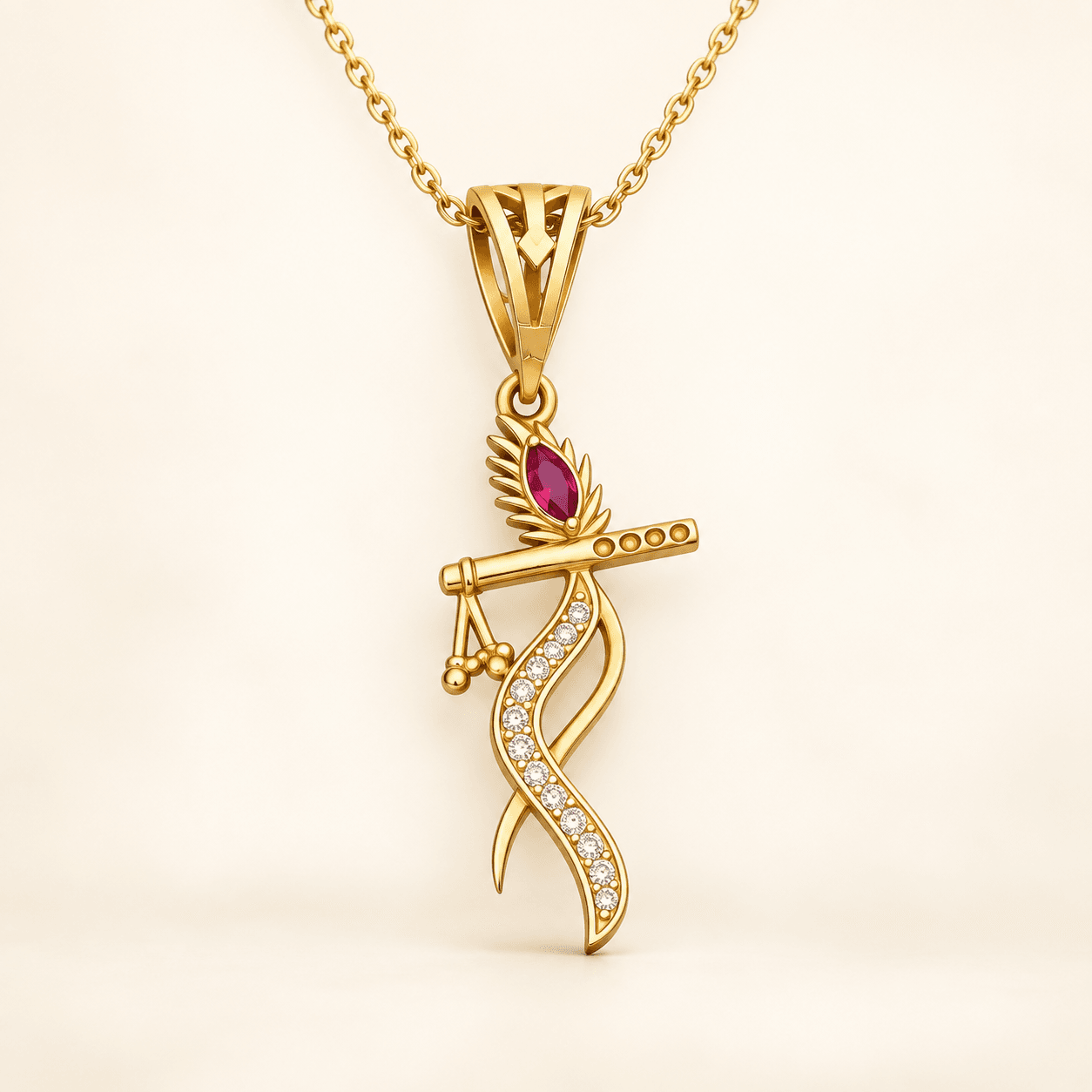 Kavach Krishna Flute Pendant with Red Stone