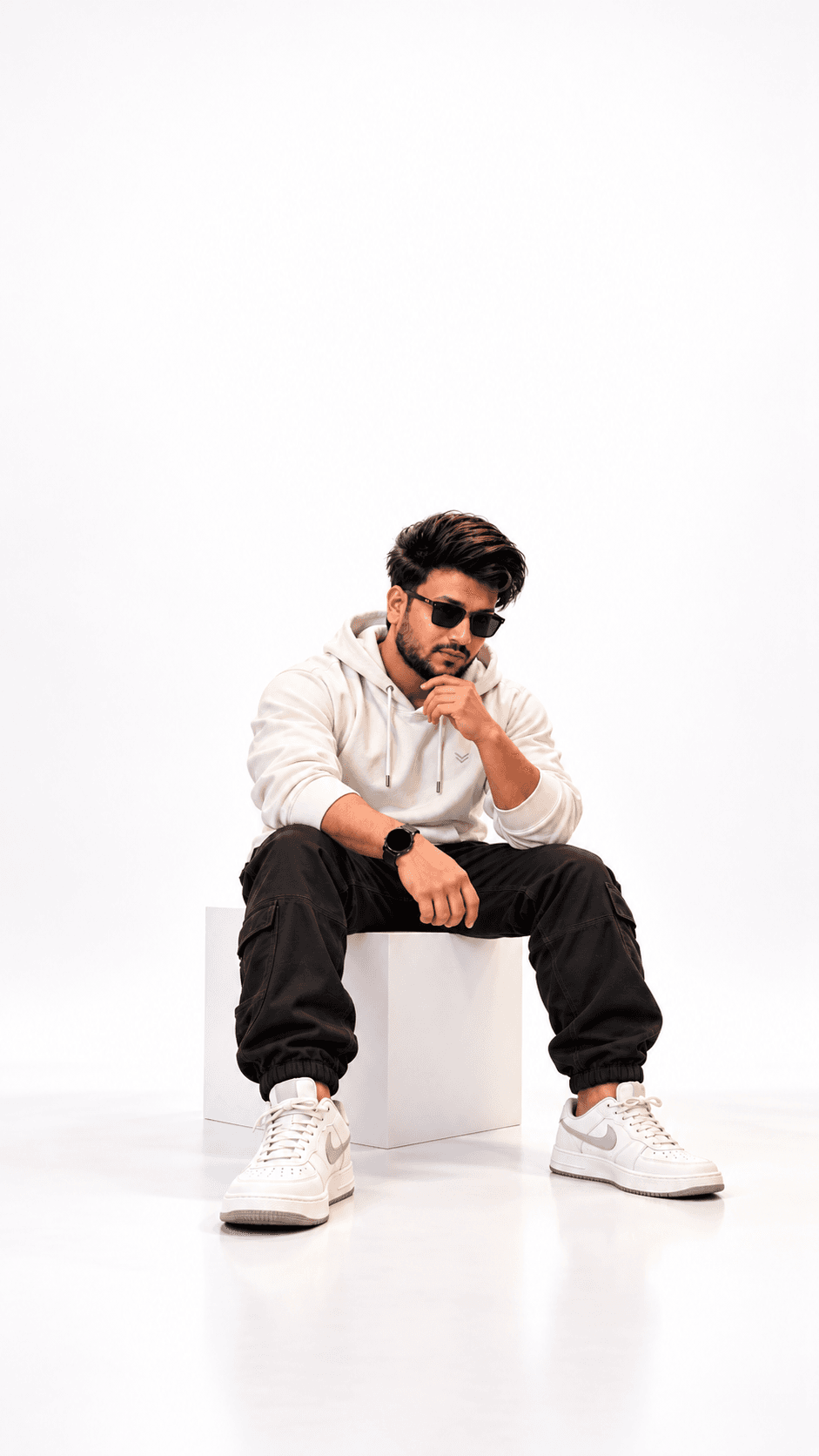 Portrait of the ARTHVERO founder standing in a sunlit, minimalist office space, wearing elegant smart-casual attire, surrounded by premium wood and matte metal furniture.