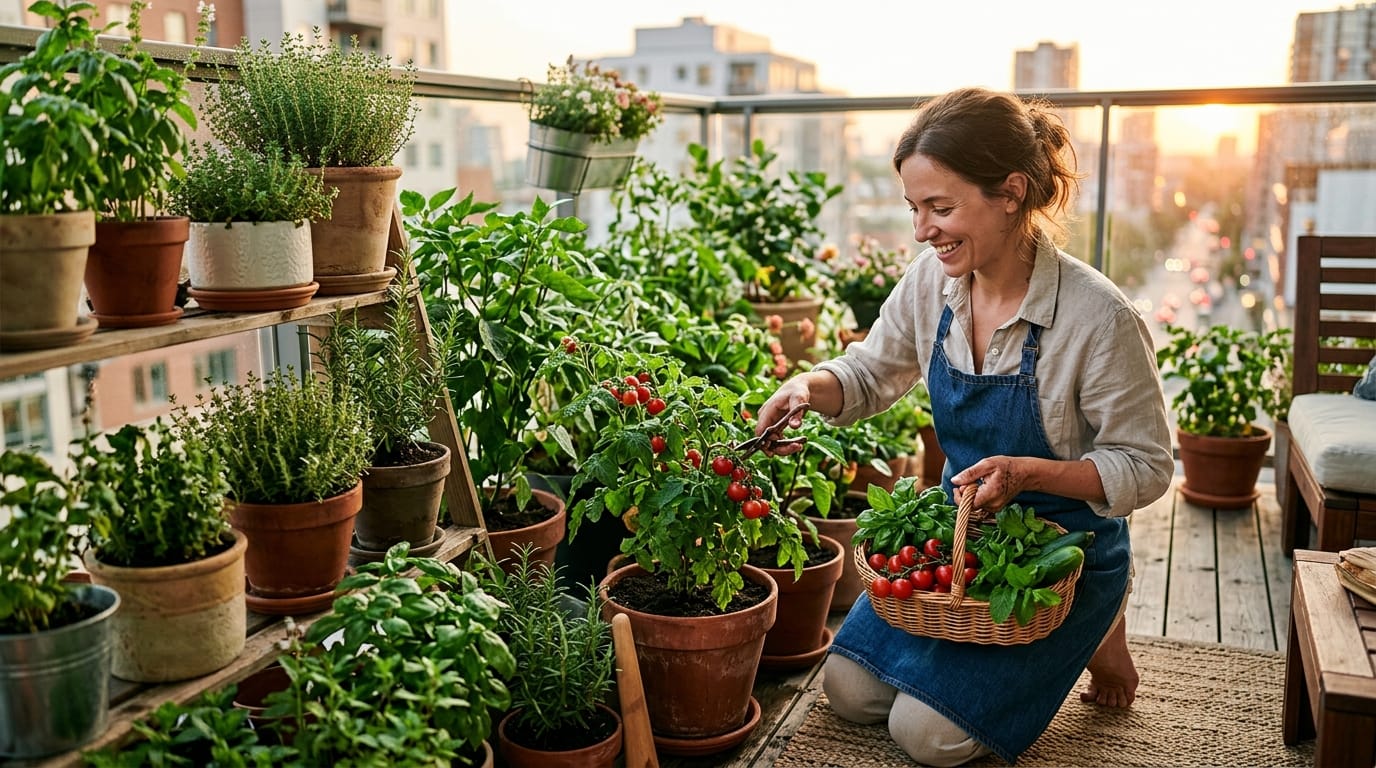 A lush Indian terrace garden featuring heavy-duty grow bags with ripe tomatoes and green chilies in golden hour sunlight.