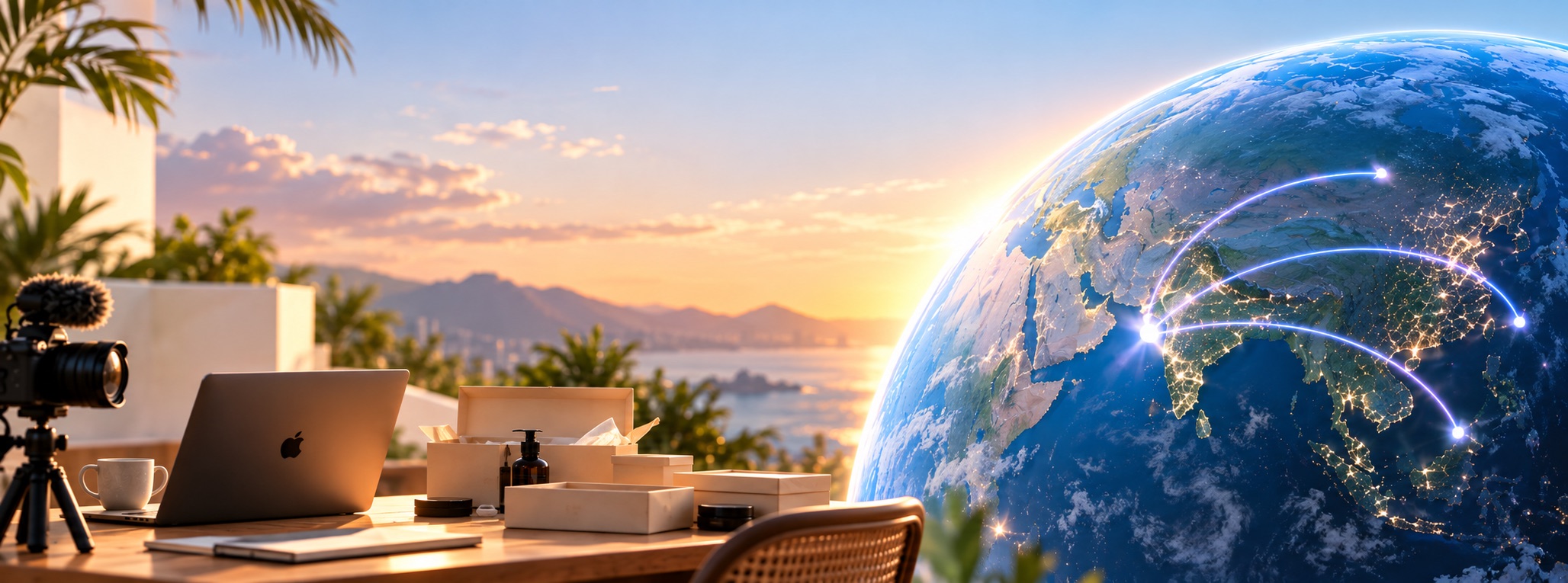 A creator's desk at sunset beside a globe tracing Arta's sourcing routes from India to China, Vietnam and Thailand